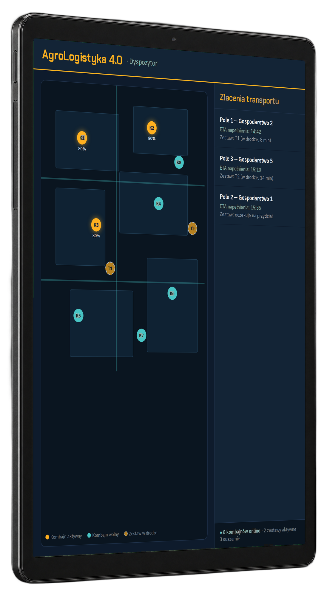 Tablet z panelem dyspozytora: mapa zleceń zbioru i transportu