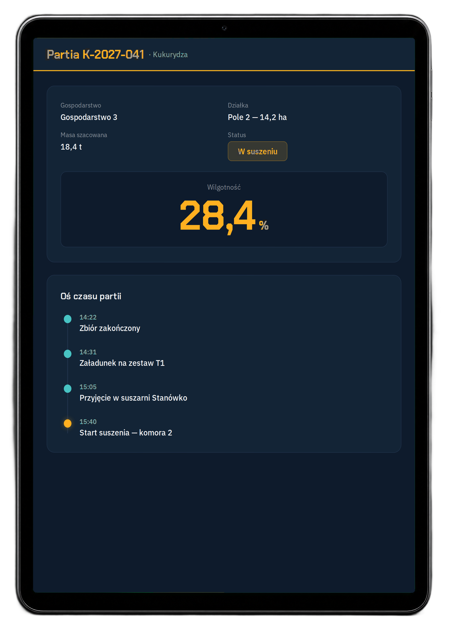 Tablet — karta partii z czasami zbioru, transportu i suszenia